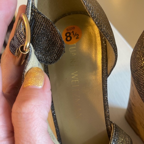 Stuart Weitzman Glitter Metallic Open Toe Wedges Sandals Gold Silver 8.5 $290 - Picture 4 of 9